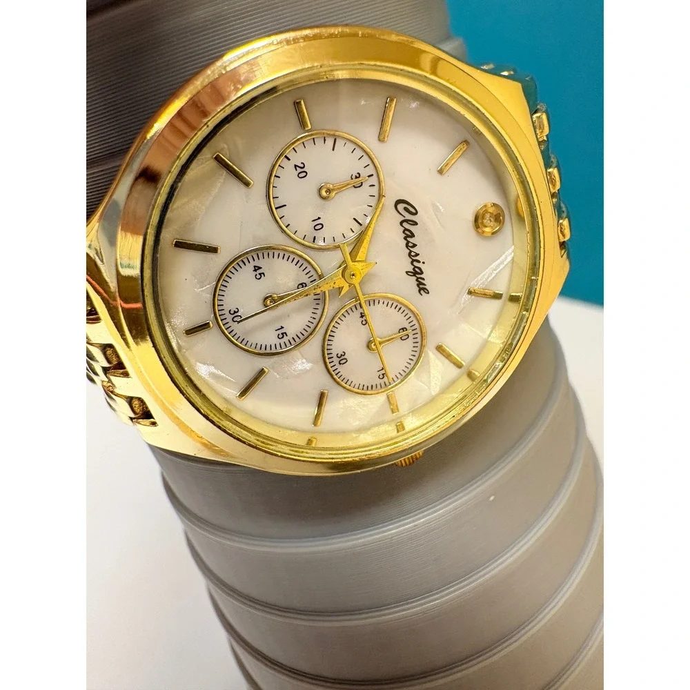 Classique Gold Tone Chronograph Style Watch Mother of Pearl Face Stainless Steel